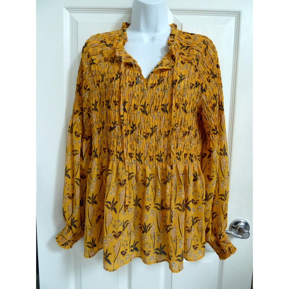 Rose & Olive Yellow Floral Smocked Balloon Sleeve Blouse V-Neck Top Sz 8/10